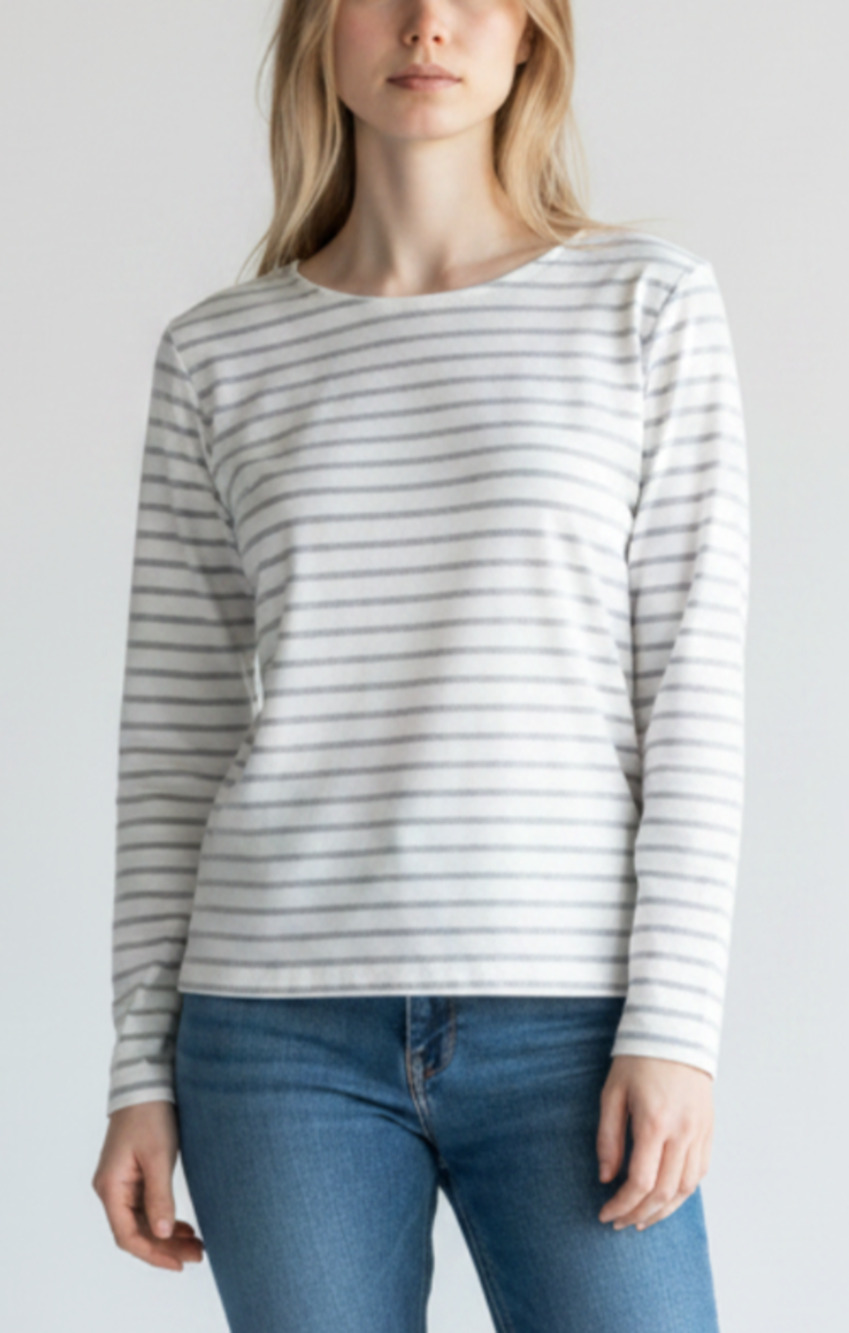 A4 Authentic EILEEN FISHER Grey and White Stripe Scoop Neck Long Sleeve Size S